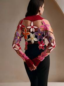 Women High Neck Hollow Flower Patchwork Long Sleeve Top 3