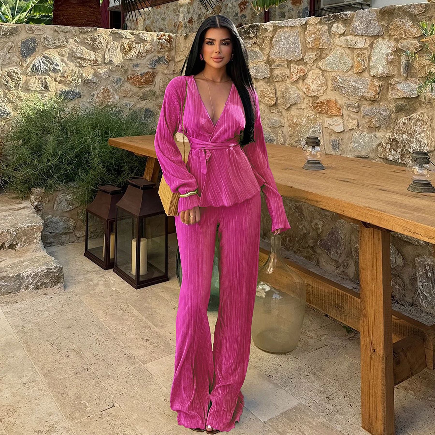 Autumn And Winter Women's V-Neck Long-Sleeved Cardigan Pants Casual Two-Piece Set 7