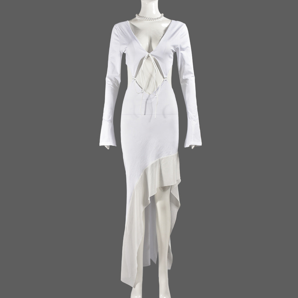 Summer Sexy Women's Clothing Long Sleeve V-Neck Lace-Up Long Dress 9