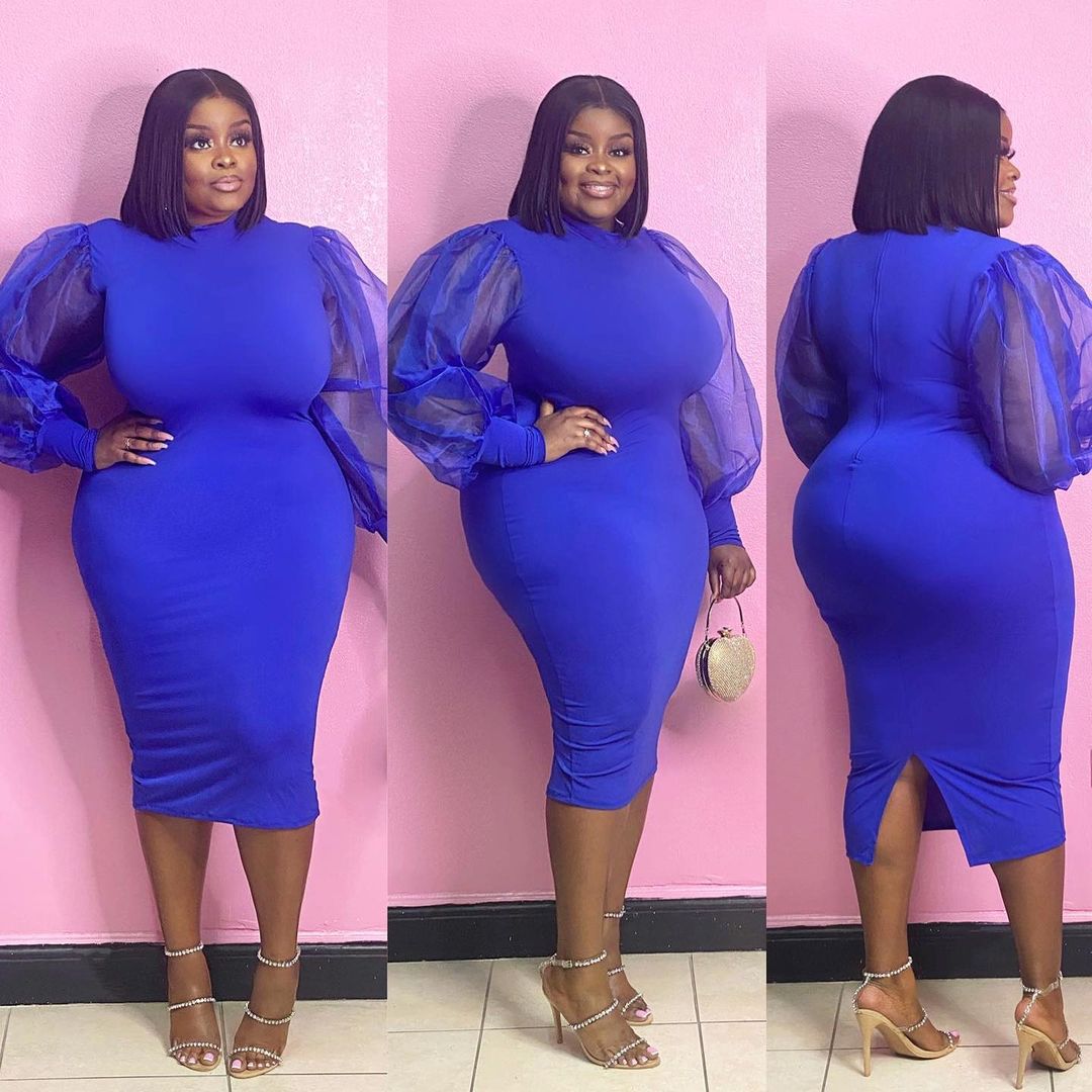 Plus Size Women's See-Through Mesh Balloon Sleeve Bodycon Dress 6