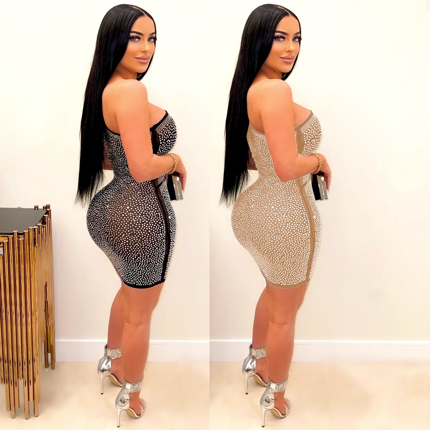 Women's sexy mesh beaded see-through nightclub dress 10