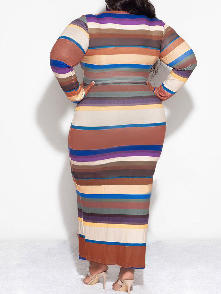 Plus Size Women Round Neck Long Sleeve Bodycon Dress