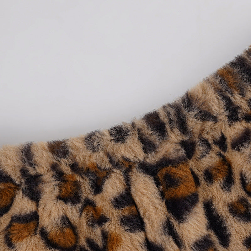 Women Leopard Print Off-Shoulder Long-Sleeved T-Shirt and Furry Shorts Two-Piece Set 33