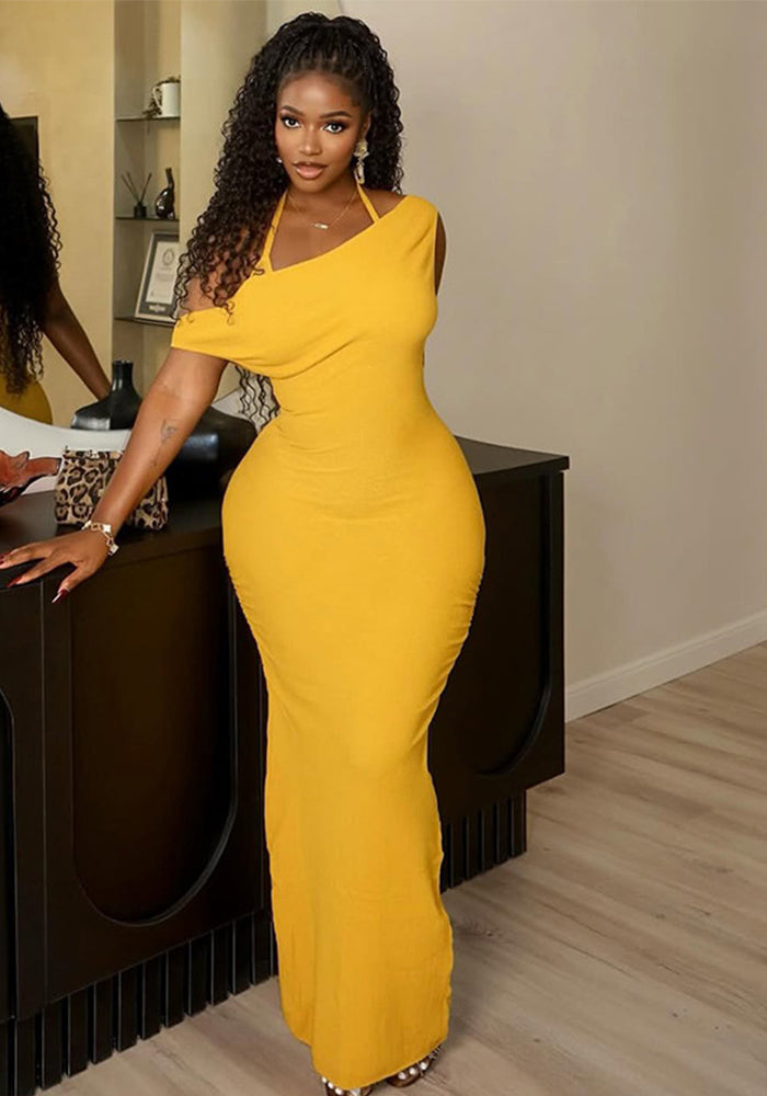 Women's Chic Elegant Halter-Neck Low-Back Solid Color Slit Maxi Dress