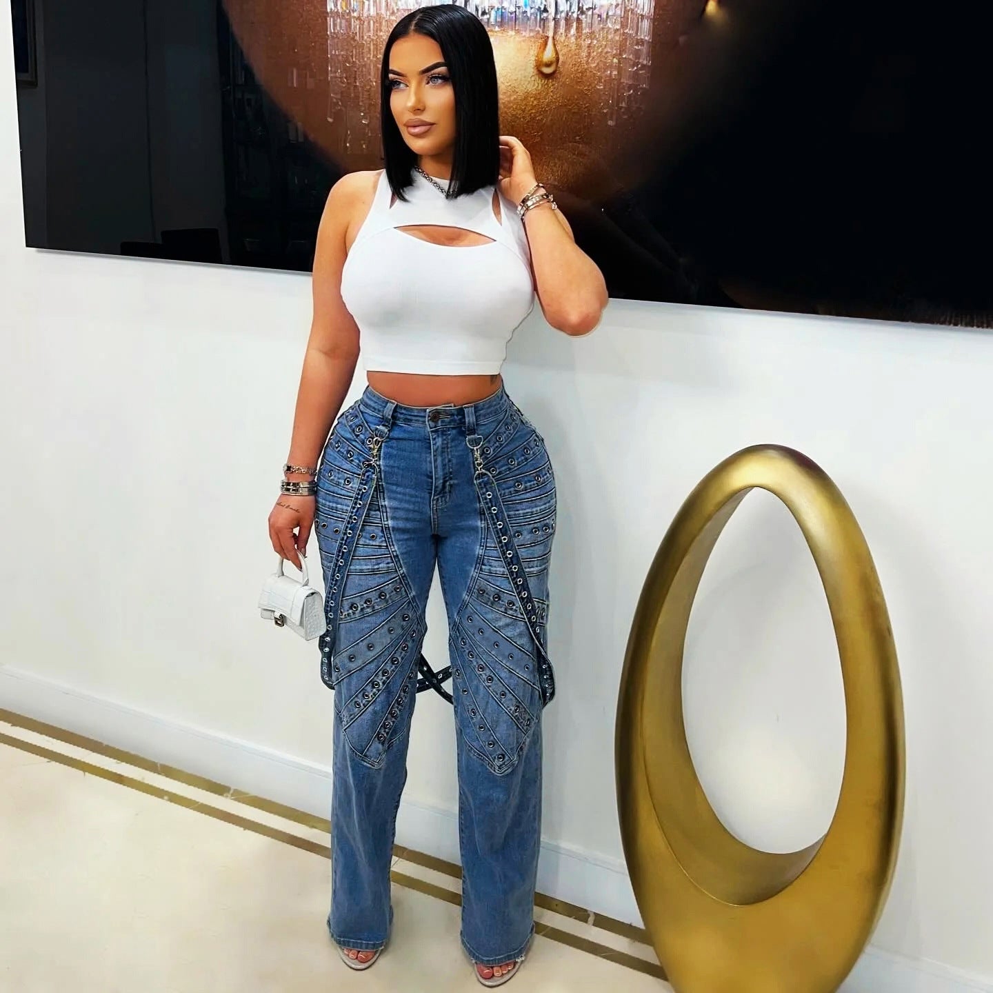 Women's Fashion High Waist Denim Pants Metal Studs Casual Trousers 5