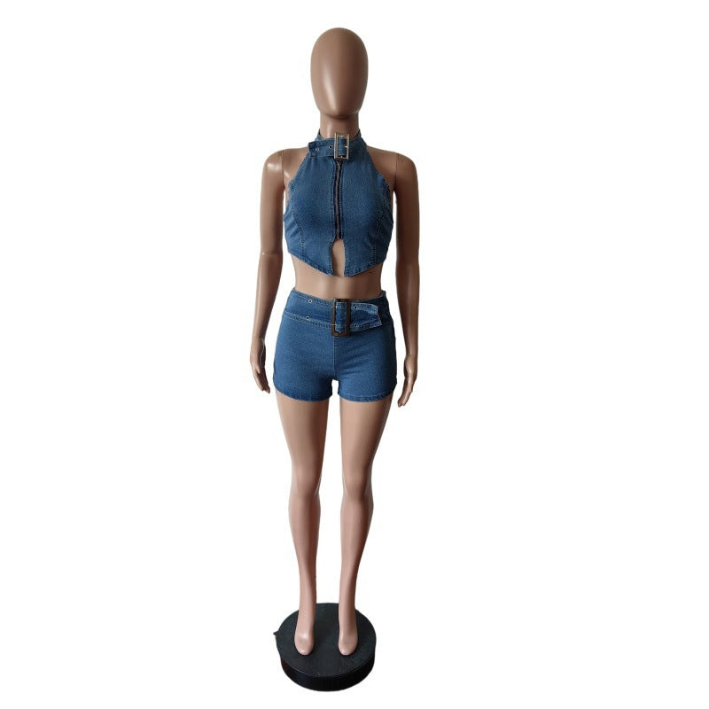 Women Denim Halter Neck Lace Top Stretchy Shorts Two-piece Set 4