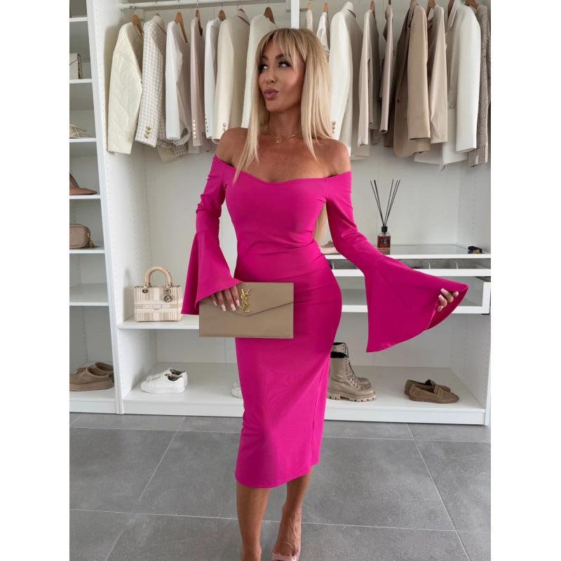 Solid Color Off-Shoulder Bell Sleeve Dress 9