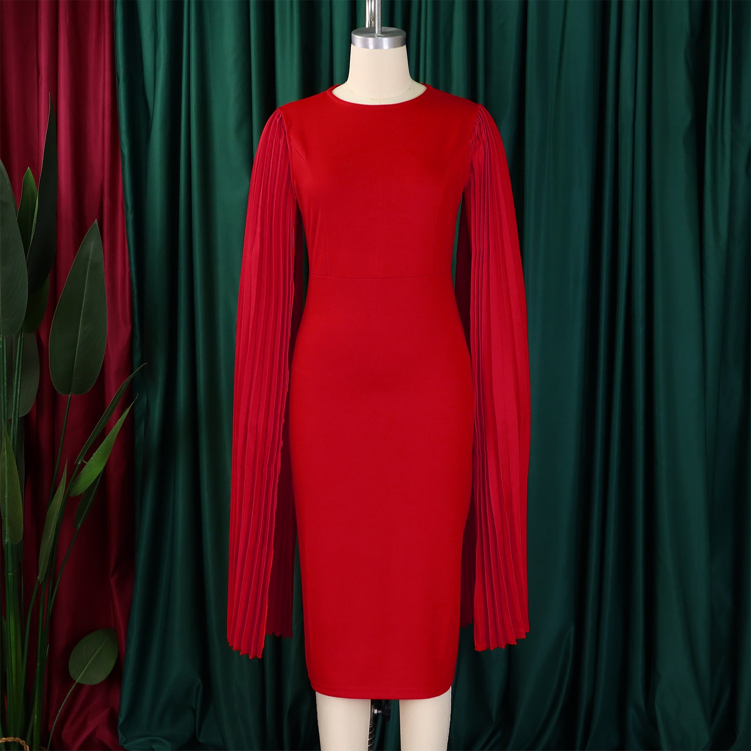 Women's Fashion Solid Color Round Neck Pleated Shawl Sleeve Formal Party Evening Dress 22