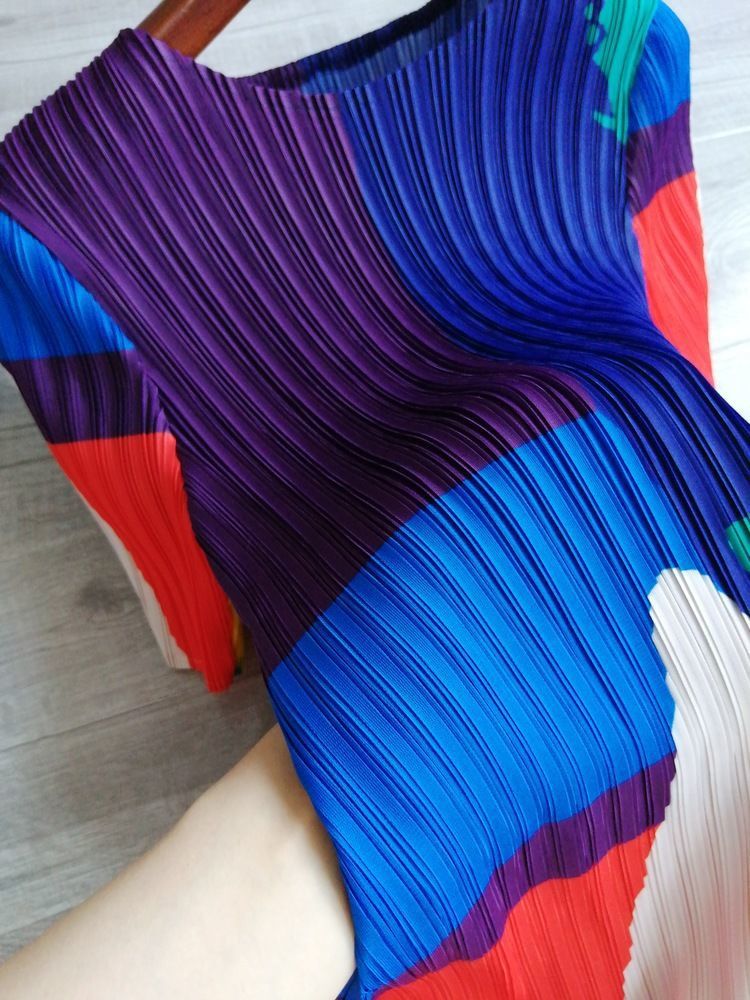 Women Summer Contrast Color Pleated Short Sleeve Dress 12