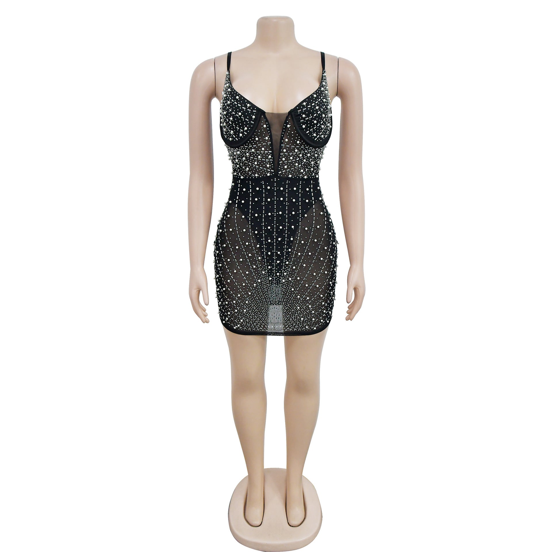 Women Solid Beaded Mesh Sleeveless Dress 11