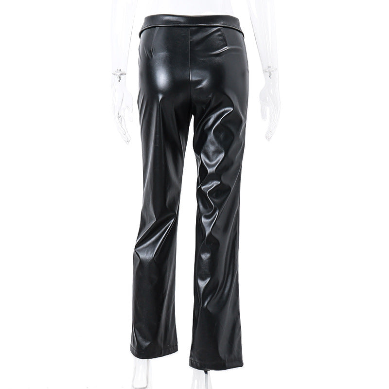 Women Autumn Casual High Waist Loose Wide Leg PU-Leather Pant 14