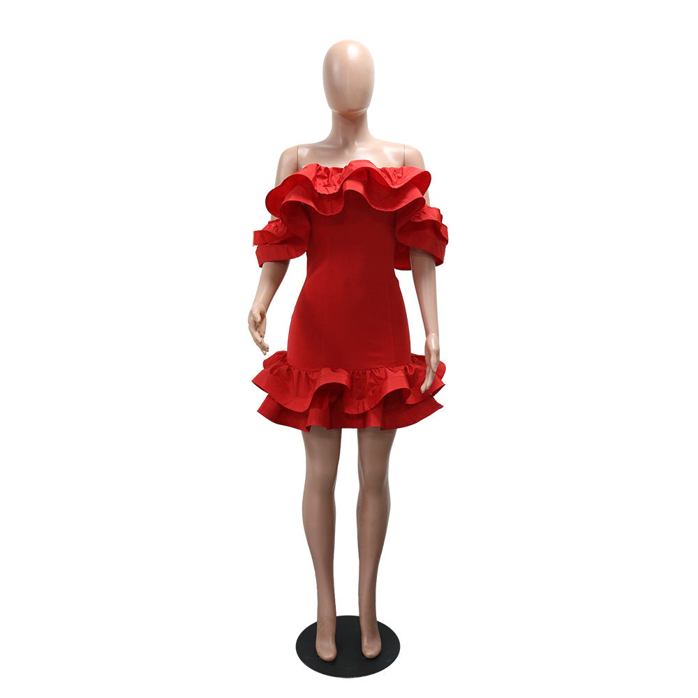 Women Sexy Off-Shoulder Strapless Solid Ruffle Summer Dress 8