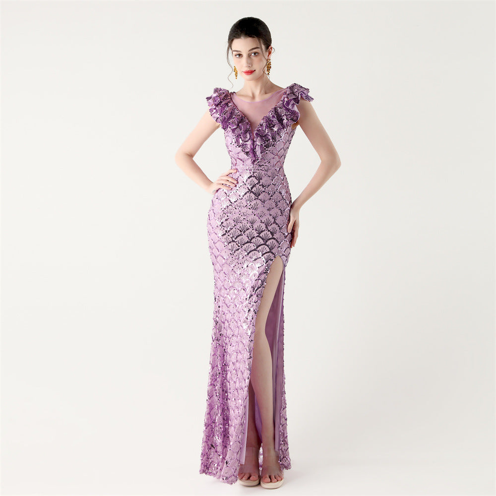 Sequined Ruffled Shoulder Sleeve Fishtail Slim Evening Dress for Formal Parties 20