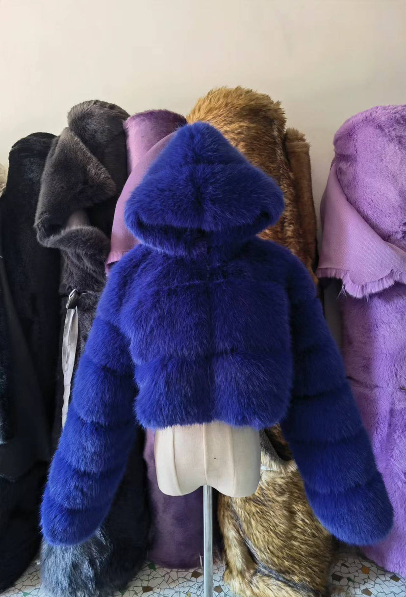 Fur Coat Cropped Hooded Faux Fur Coat Long Sleeve Patchwork Women's Coat 66