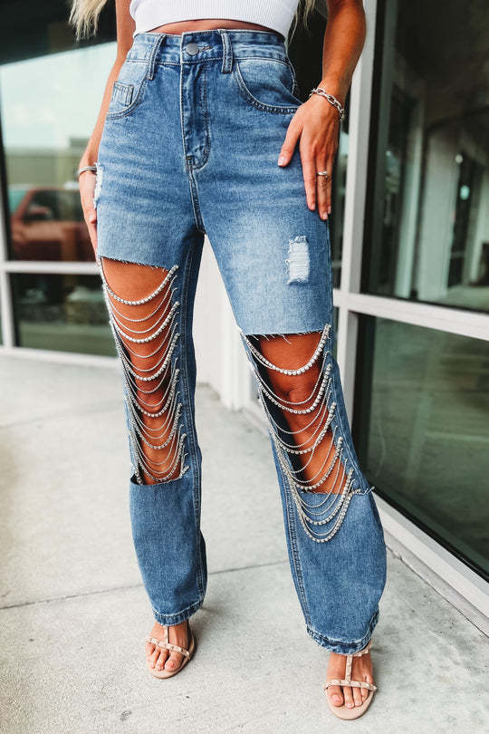 Spring Women's Chain Ripped Denim Pants 5