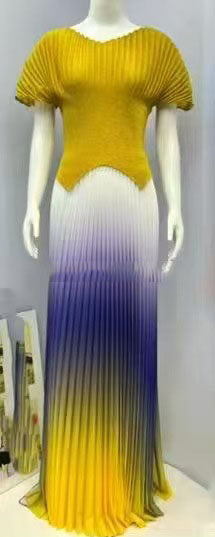 Pleated solid color v-neck top gradient pleated long skirt two-piece set for women