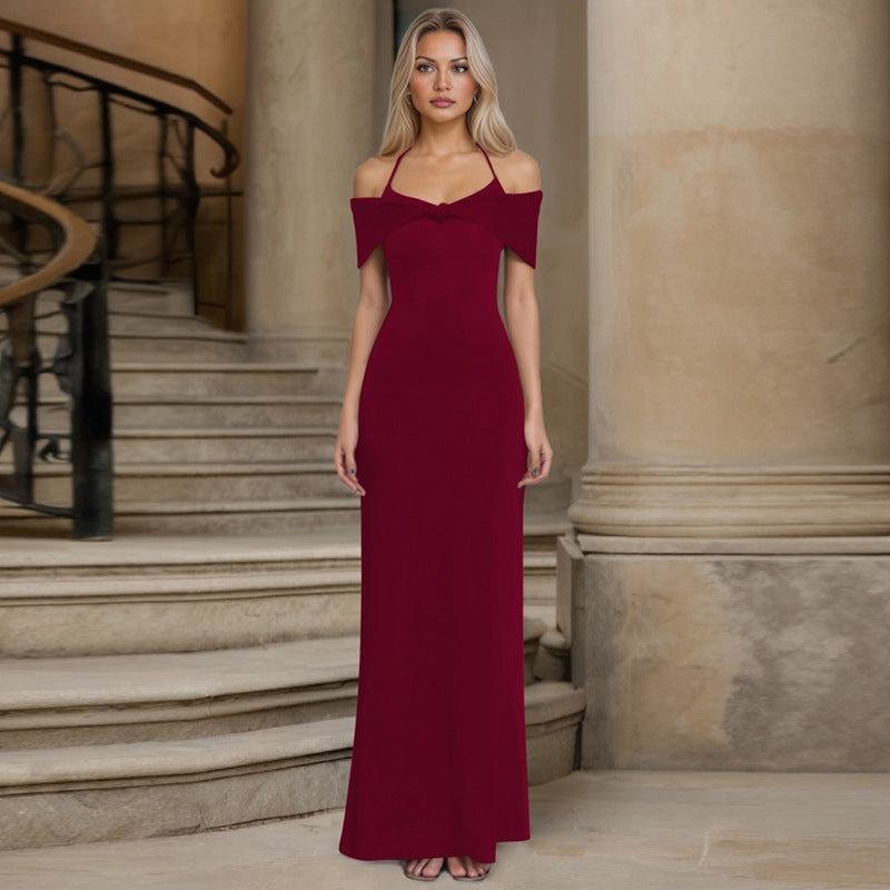 Women's Summer Off-Shoulder Halter Neck Tie Mesh Patchwork Solid Long Dress 5