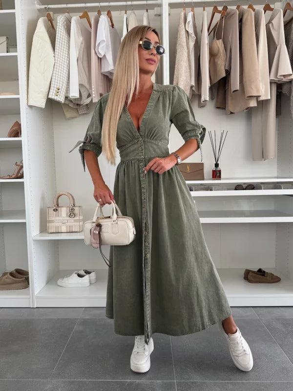 Women V-neck Short Sleeve Denim Button Dress 11