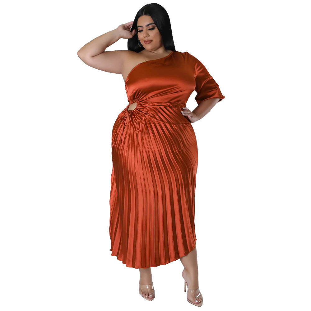 Women Sexy Slash Shoulder Drawstring Pleated Dress 14