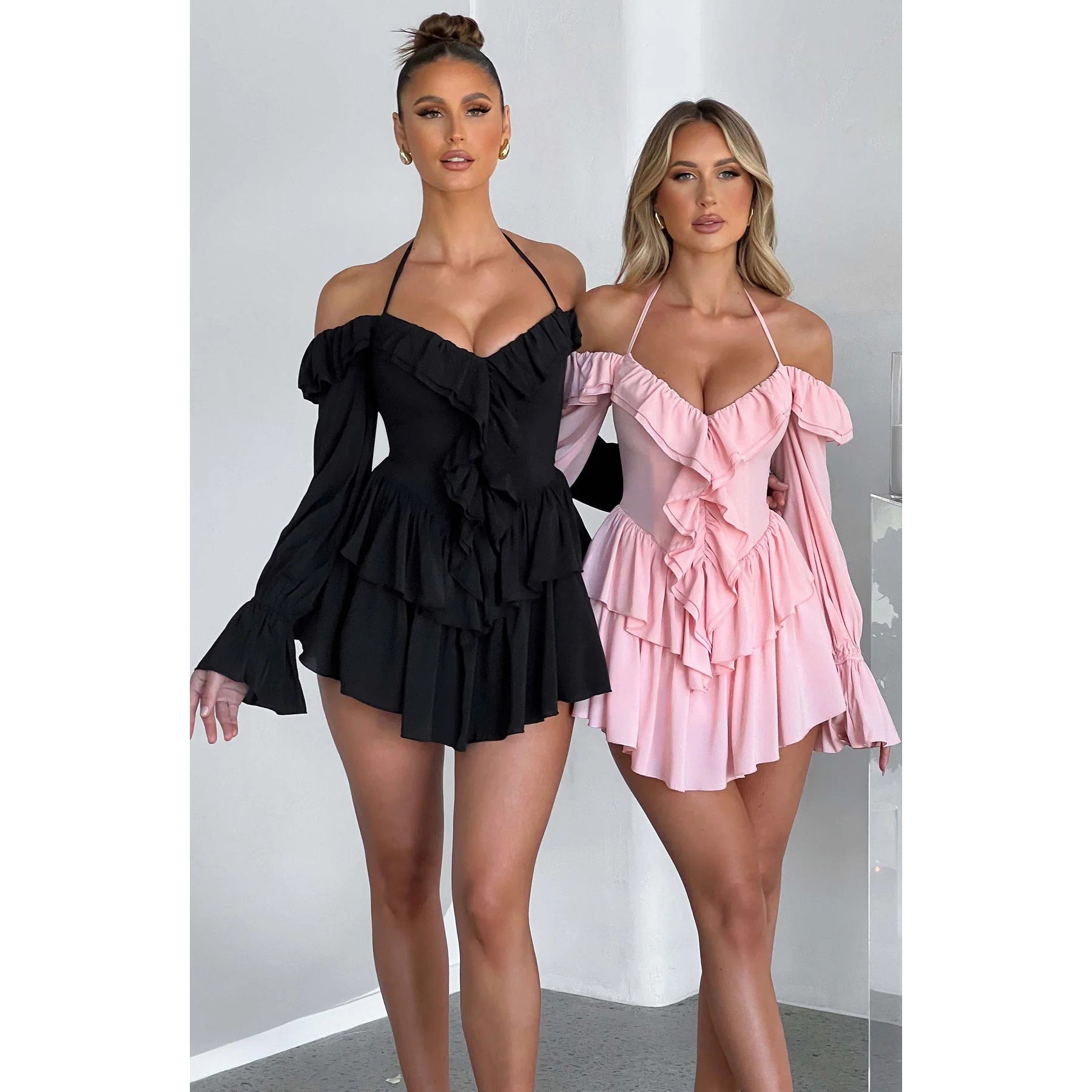Pleated Ruffle Bell Bottom Sleeve Halter Neck Women's Dress 5