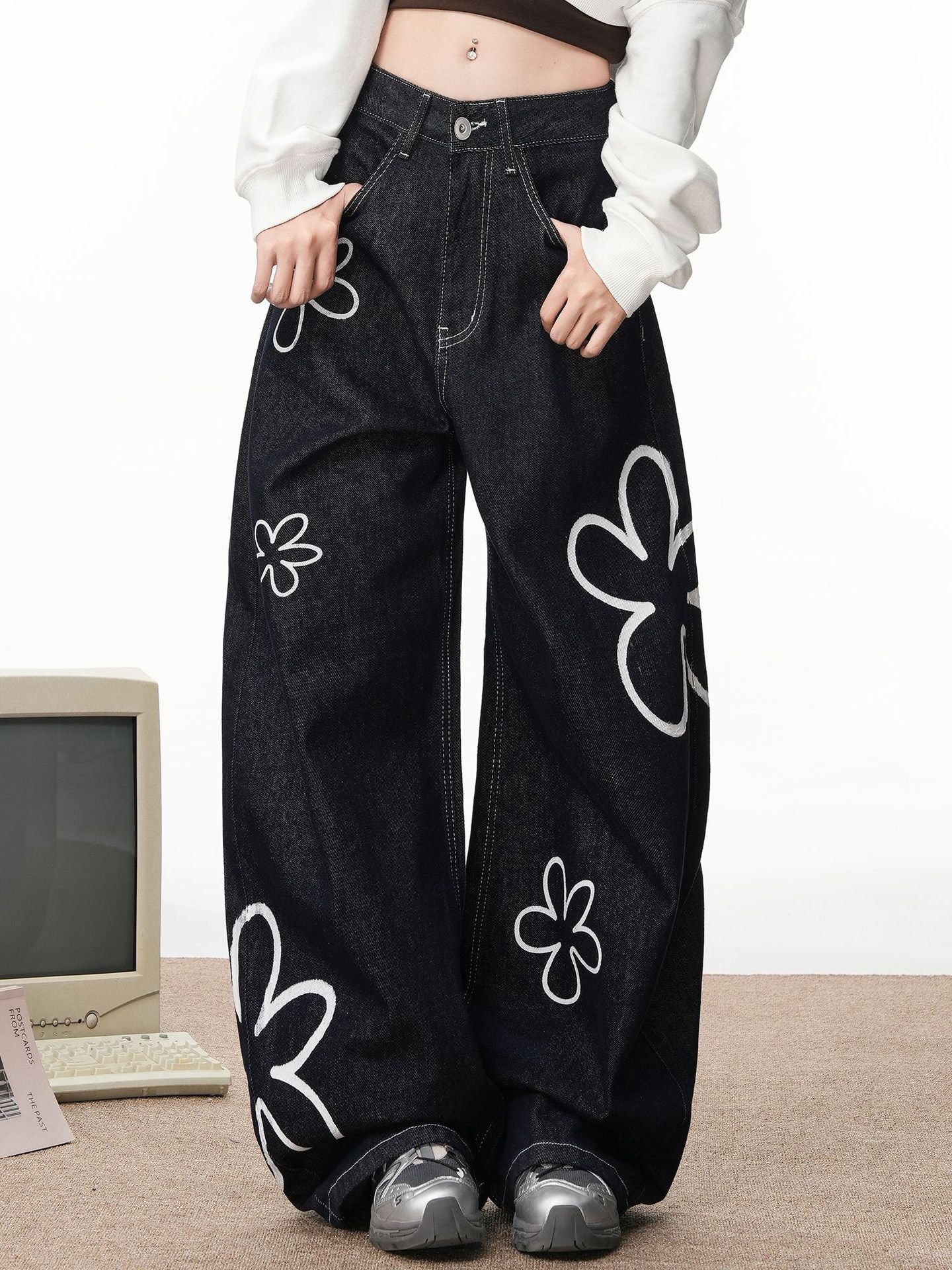 Women American Striped Floral Print Denim Pants