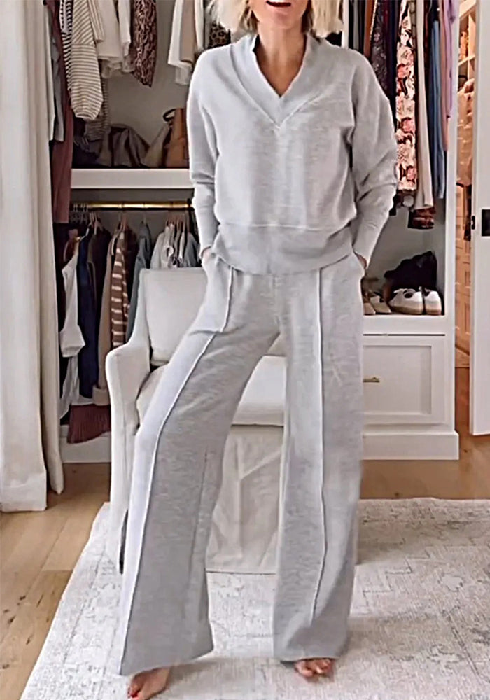 Women Autumn Casual V-Neck Long Sleeve Top Wide Leg Pants Two Piece Set