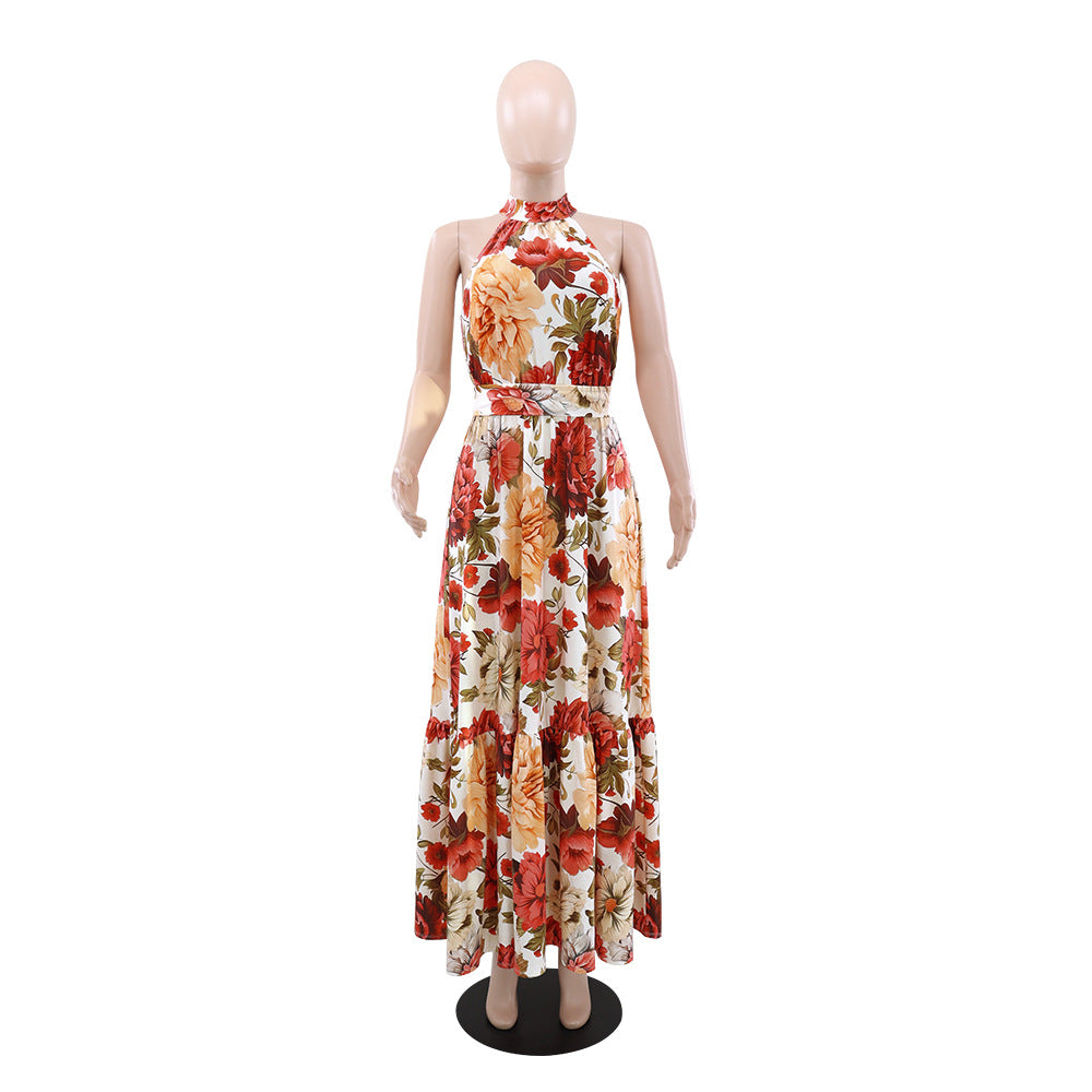 Summer Women's Flower Print Halter Neck Sleeveless Chic Long Dress 6