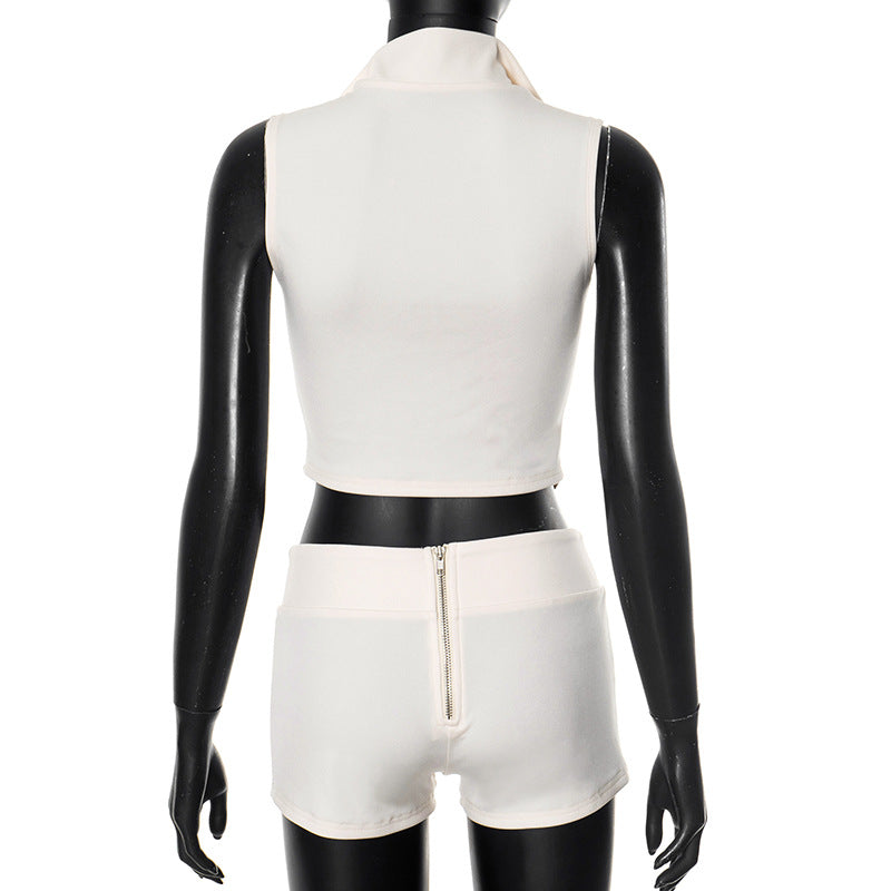 Spring Summer Women's Zipper Turndown Collar Sleeveless Crop Top High Waist Tight Shorts Two Piece Set 13