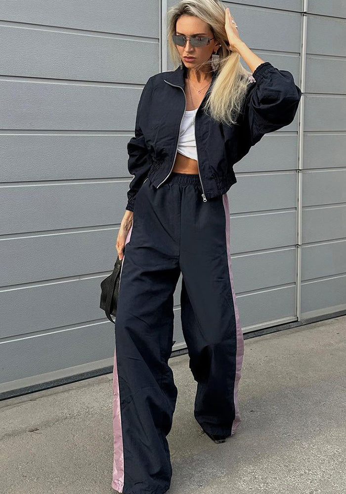 Women American contrast color sports casual jacket trousers Two Piece Set