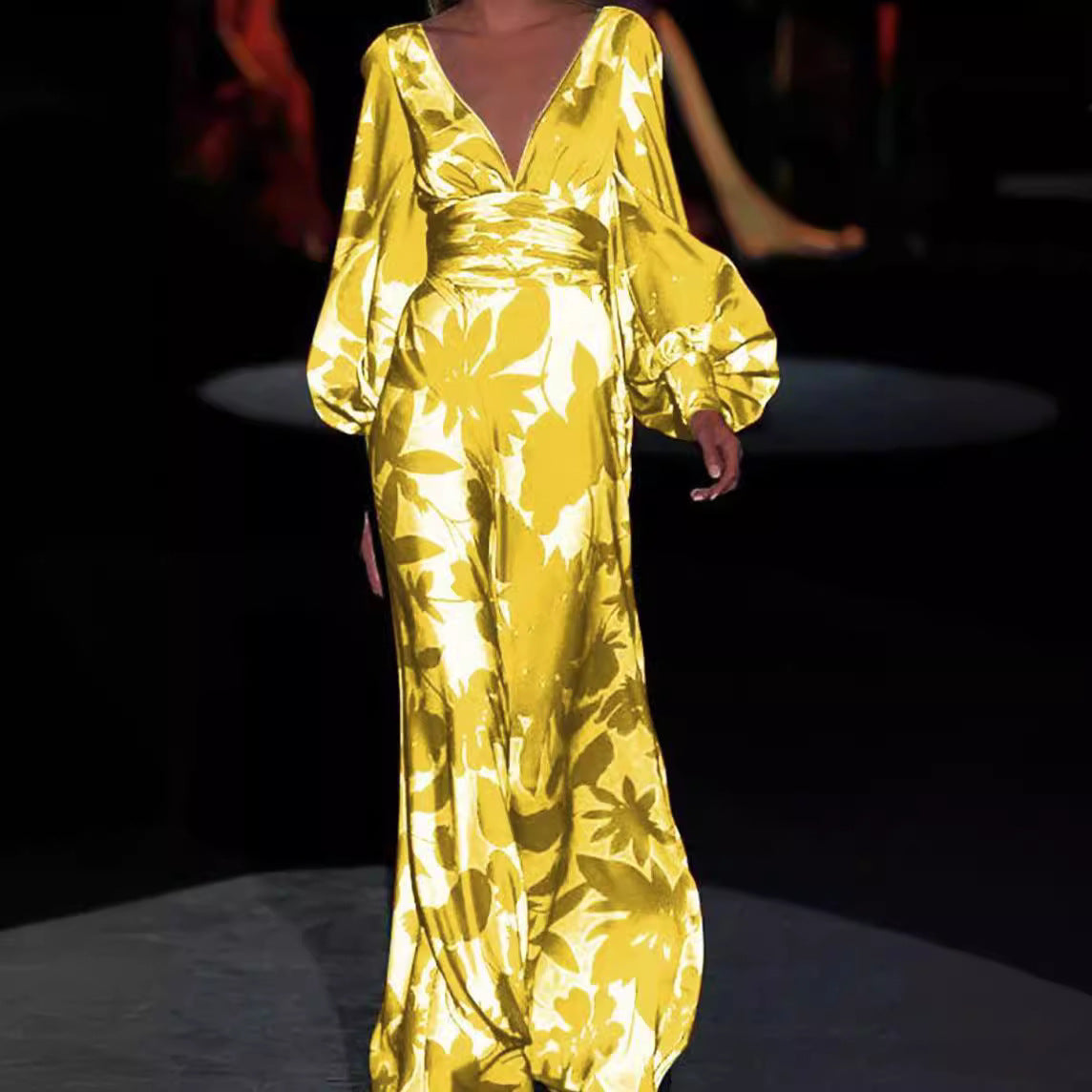 Spring Summer Women's Fashionable Printed Sexy V-Neck Slim Waist Loose Long Dress