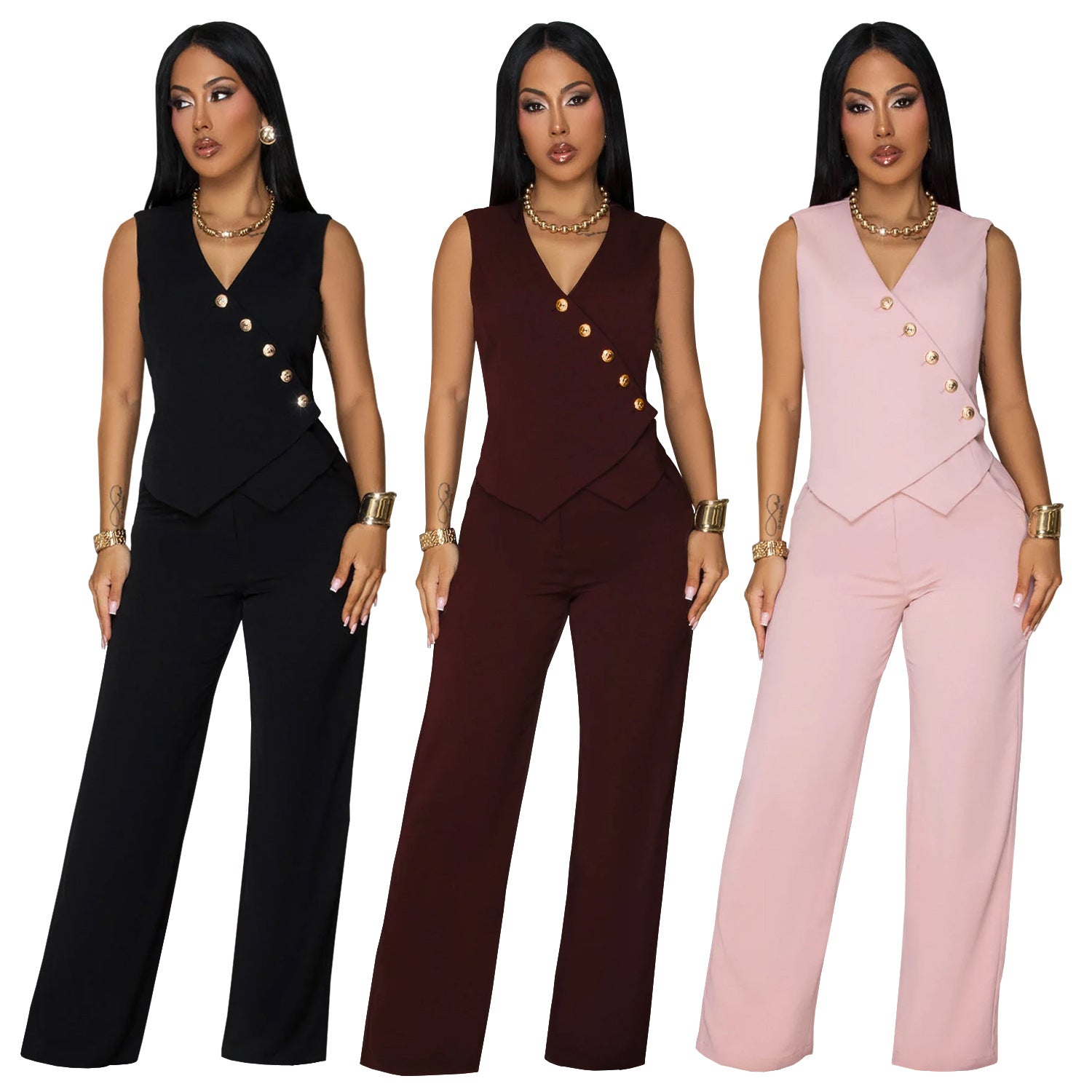 Women Casual Sleeveless V-Neck Top and Pants Two-Piece Set 8