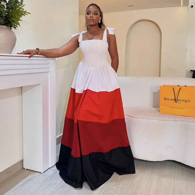 Women Spring Bow Suspender Color Block Dress