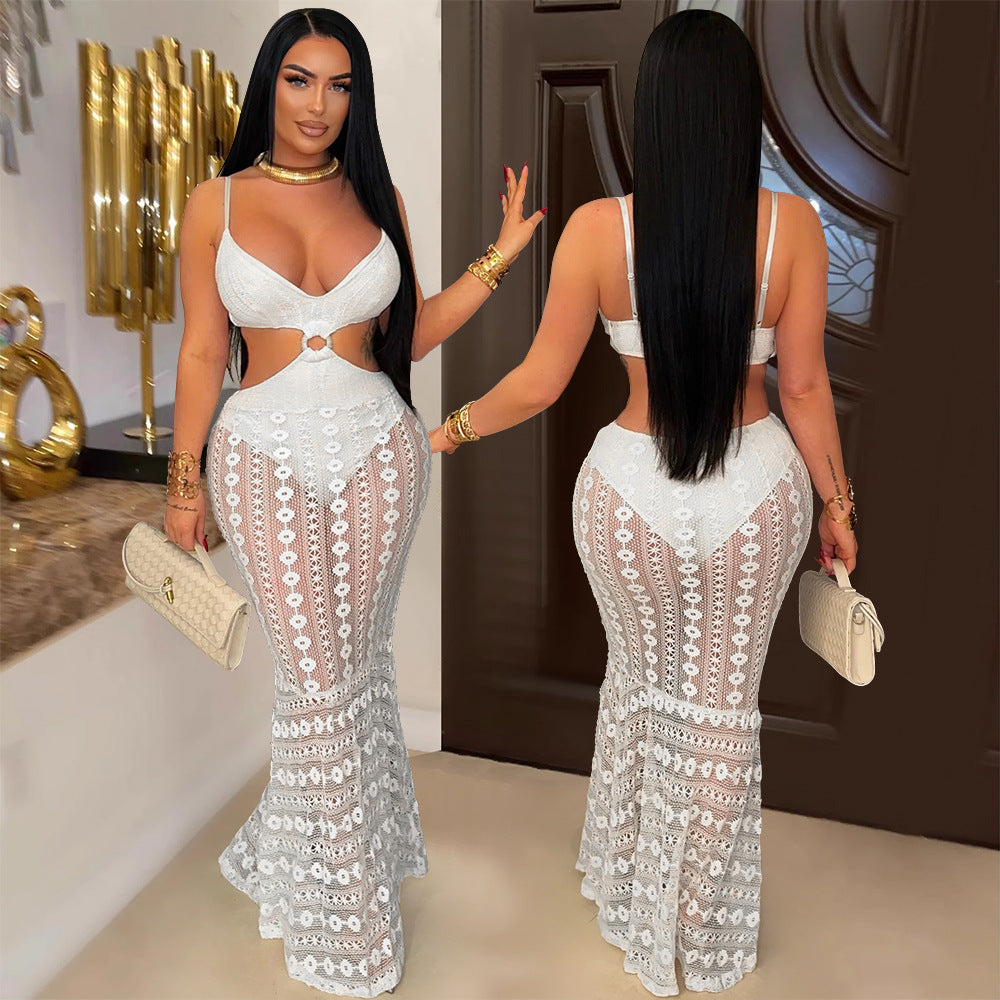 Women Sexy Suspender V-Neck Lace See-Through Bodycon Dress