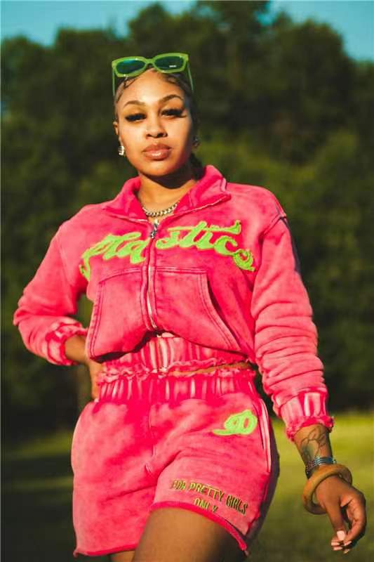 Women Letter Embroidery Long Sleeve Top and Shorts Two-Piece Set