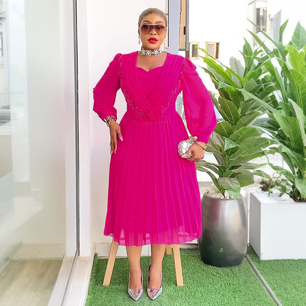 Chic Career Slim Waist Pleated A-Line Chiffon Dress