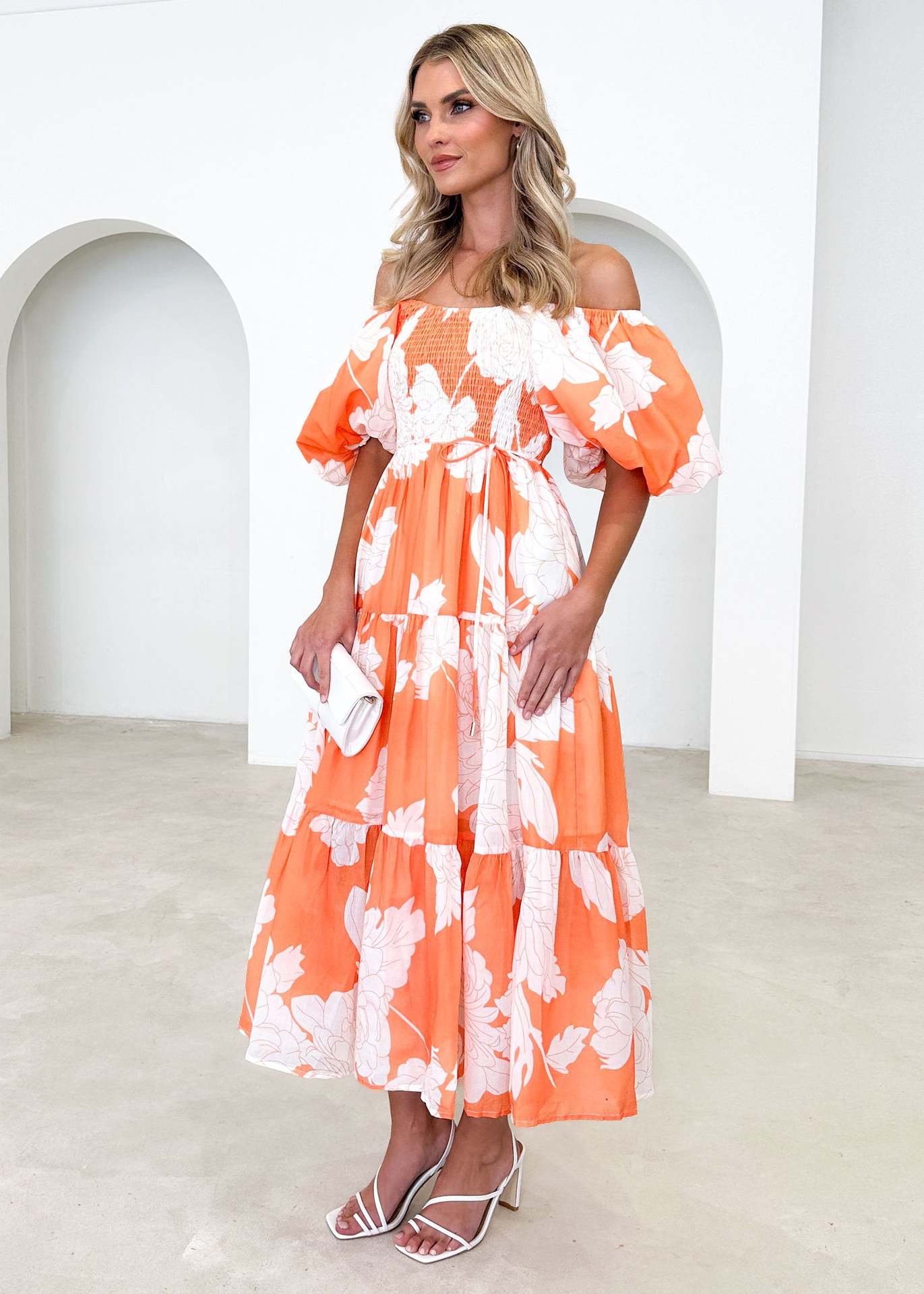 Women Elegant Print Off Shoulder Puff Sleeve Dress 18