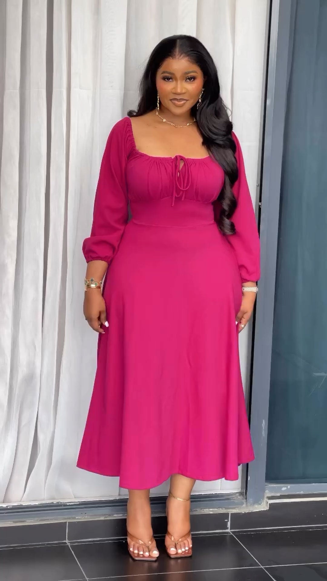 Sexy drawstring square neck Slim Waist A-line long dress 4