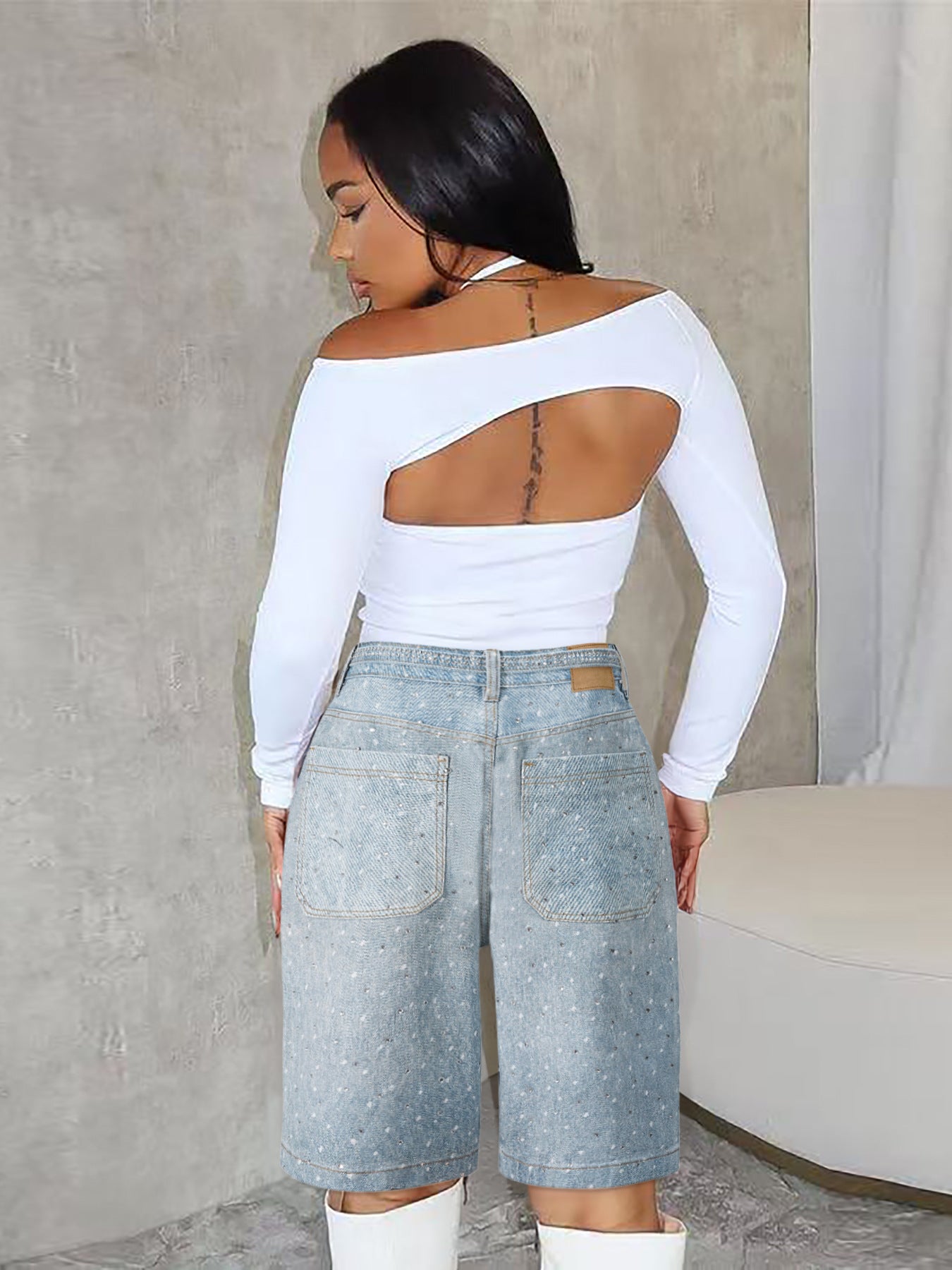 Spring Summer women's loose beaded midi denim pants with belt 5