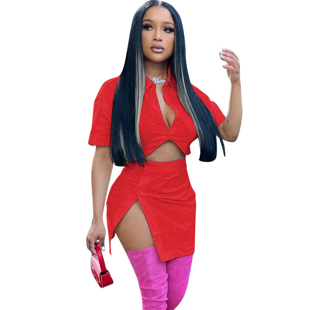Women's fashion sexy solid color button Crop Shirt split skirt two-piece set 13