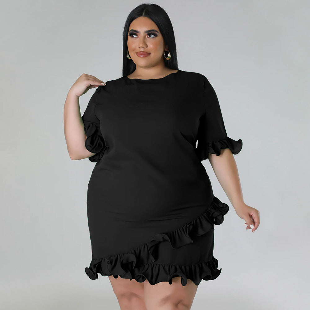 Plus Size Women's Fashion Fit Round Neck Solid Ruffle Casual Dress 5