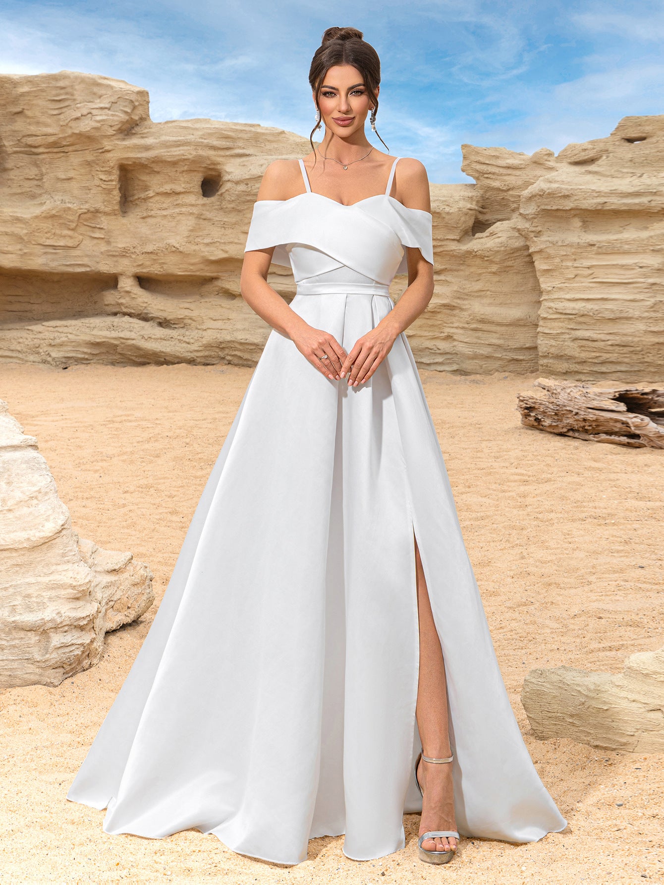 Women Slit White Off Shoulder Suspender Elegant Evening Dress