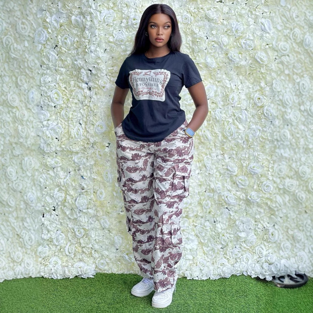 Women Plus Size Round Neck short-sleeved T-shirt camouflage trousers Casual sports Two Piece Set 6