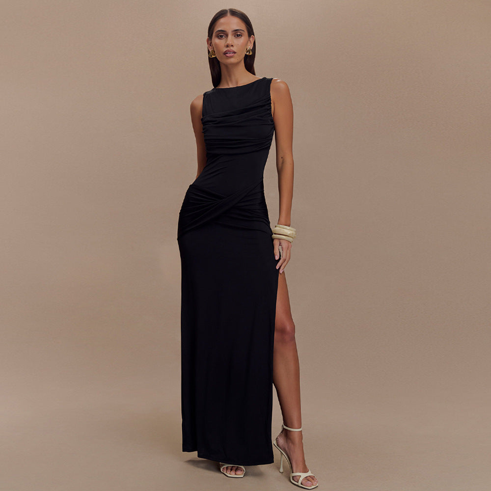 Women Summer Round Neck Backless Sleeveless Pleated Slit Dress 5