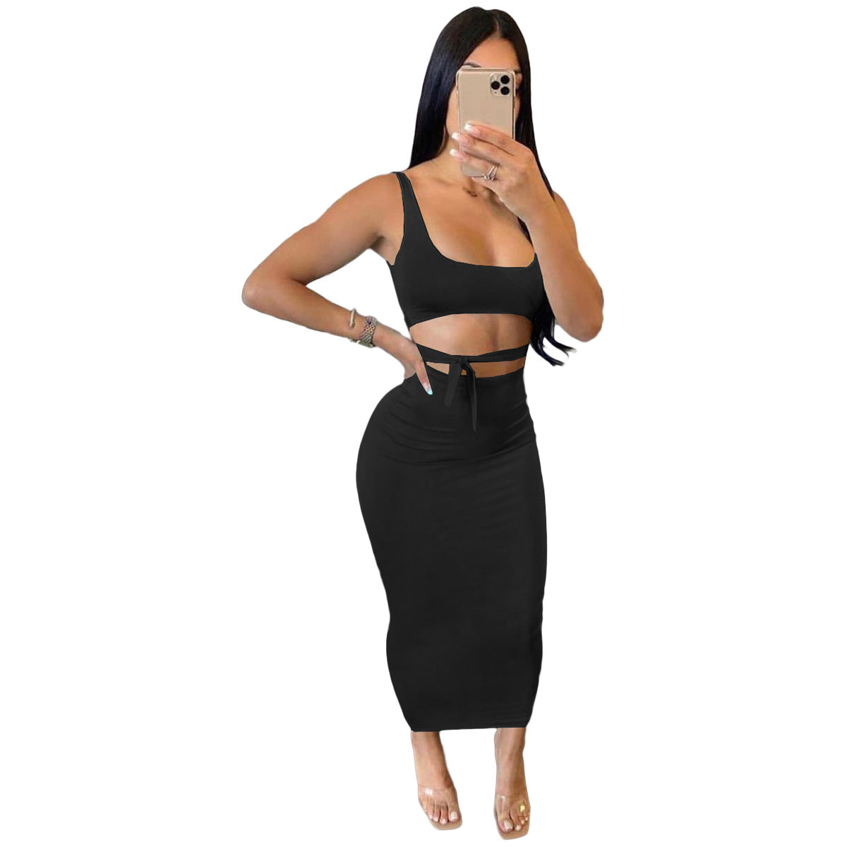 Women's Spring Summer Solid Color Strap Slim Two Piece Skirt Set 14