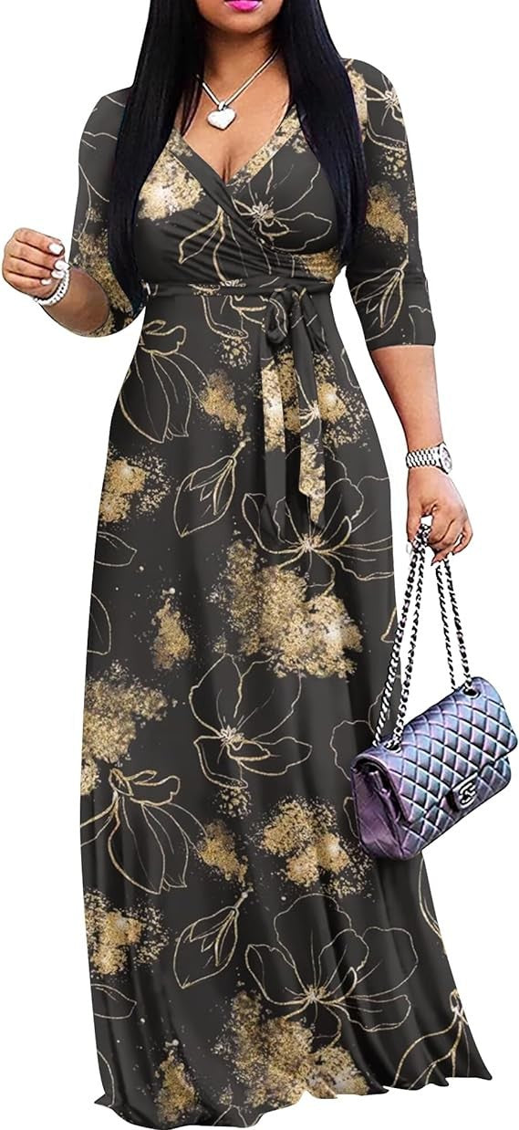 Spring & Autumn Women's Fashion Elegant Wrap V-Neck Half-Sleeve Print Belt Maxi Dress 4