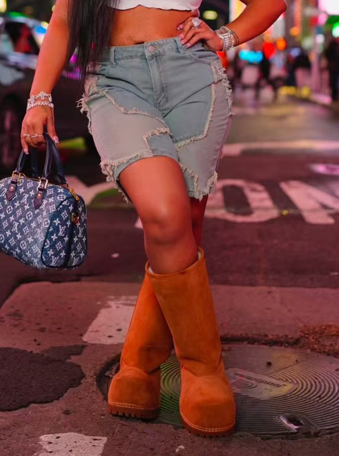 Women summer star tassel raw edge loose Denim Shorts