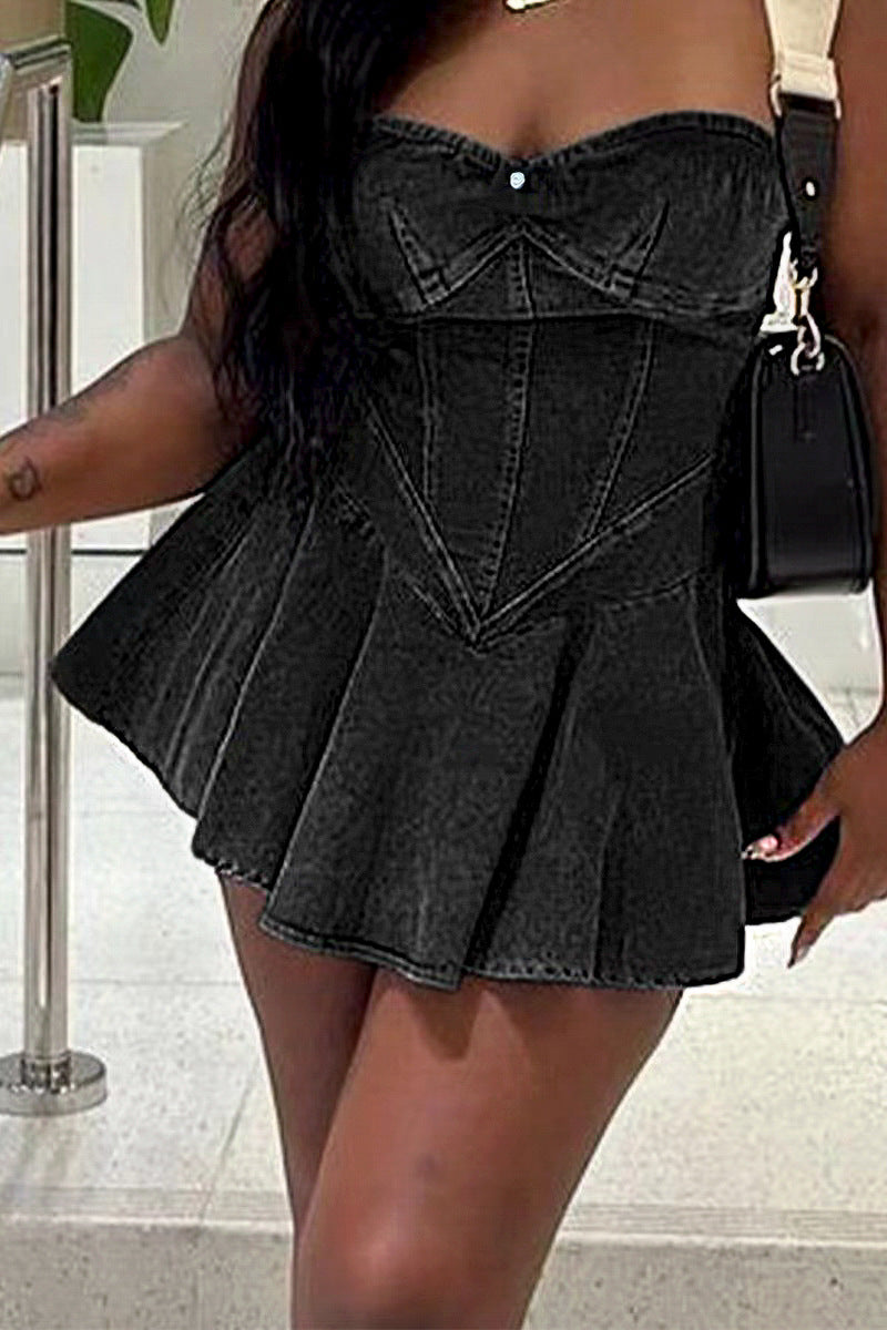 Women Summer Strapless Elastic Bodycon Denim Dress 4