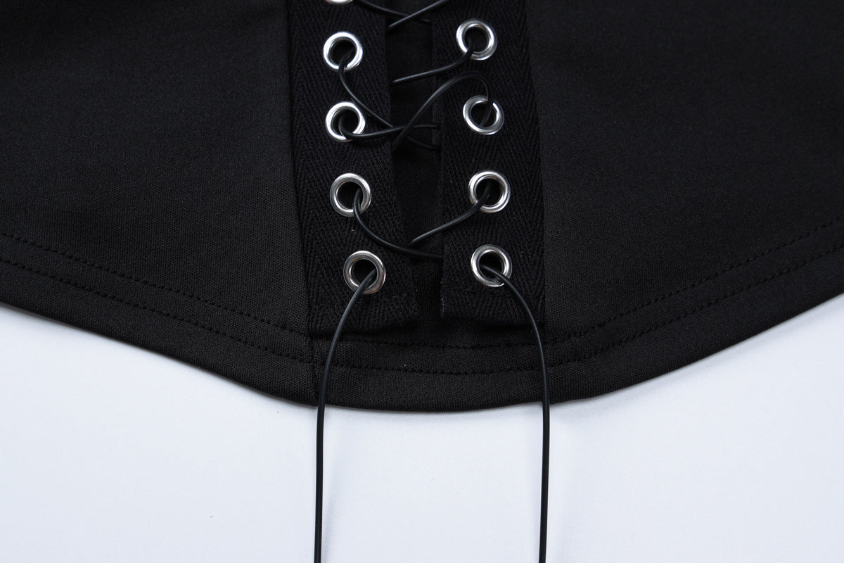 Women's Off Shoulder Striped Shirt Style Irregular Patchwork Lace-Up Top Shorts Two-Piece Set 10