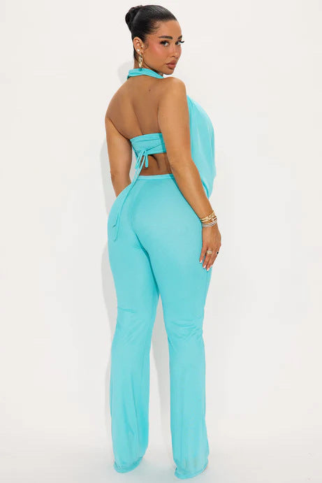 Women Summer Sexy Metal Strapless Halter Neck Top and Pants Two-Piece Set 13