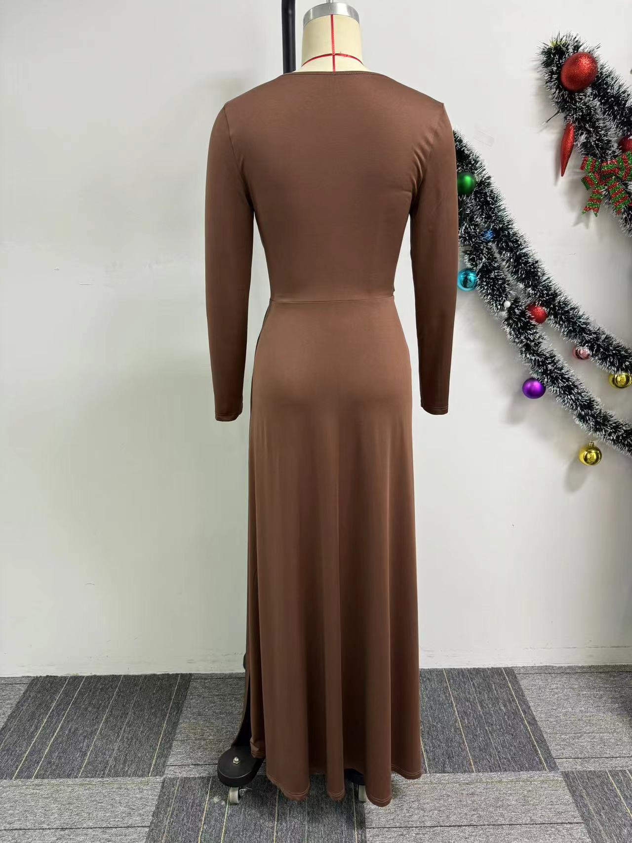 Square Neck Hollow Long Sleeve Tight Fitting Slit Dress 5